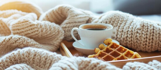 Sticker - there is a cup of coffee and a waffle on a tray . High quality