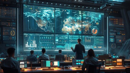 Wall Mural -  Team analyzing global data on futuristic control room screens