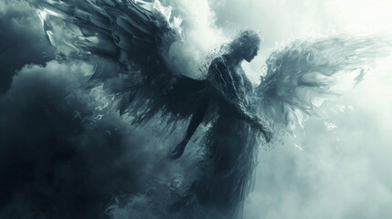 Wall Mural - A mysterious angel with wings made of dark thunderclouds embodying the raw power and energy of the element of air.