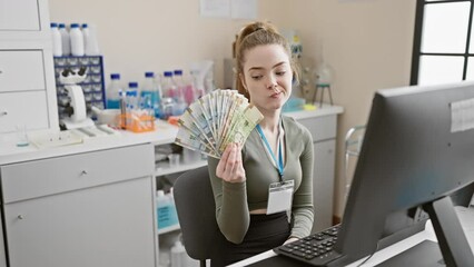 Sticker - Caucasian woman in lab holding peruvian soles with pensive expression indoors.