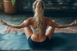 This image showcases a woman in a peaceful yoga pose on a mat, emphasizing wellness and inner peace
