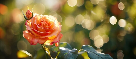 Poster - a close up of a single orange rose in a garden . High quality