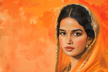 Wall Mural - Portrait of a lady dressed in traditional Indian attire on the orange background. Copy space. Gudi Padva. Ugadi festival in India. Martahi new year concept.