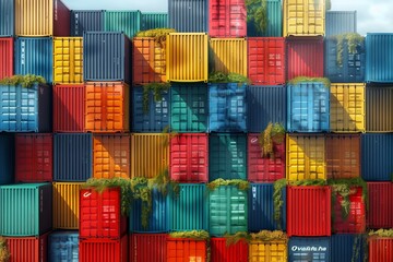 Stacked cargo containers in various colors with some overgrown plants, depicting organized chaos and global trade