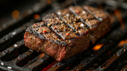 Wall Mural - Closeup of a juicy tender piece of steak being grilled with char marks forming on the surface and the texture changing from raw to cooked.