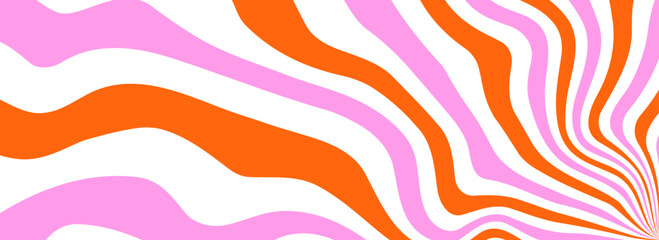 Poster - Orange pink trippy burst line background. Psychedelic wavy stripe wallpaper. Groovy twisted sunburst swirl. Distorted curly wave texture design for poster, banner, flyer, cover, print. Vector backdrop