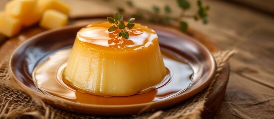 Poster - a close up of a dessert on a plate on a wooden table . High quality