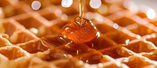 Sticker - Amber liquid drizzles onto a waffle, creating a mouthwatering dish in a macro photography shot. The wood pattern adds a touch of elegance to the cuisine