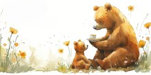 Watercolor Weekend Of Parent With Kid In The Sunny Forest. Toy Bear Family Picnic On The Flower Lawn. Lovely Cartoon Lunch Painting.
