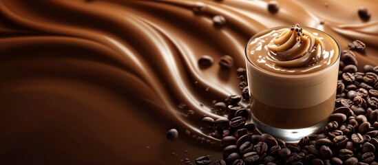 Poster - a glass of coffee with whipped cream and coffee beans on a chocolate background . High quality