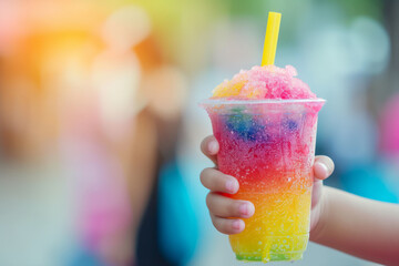 Wall Mural - Close up of a child holding a cold slushy crushed ice drink