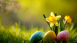 Easter eggs with daisies on green grass on a sunny day