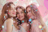 Fototapeta Kosmos - Group of three happy girl friends celebrating together, pink undertones 
