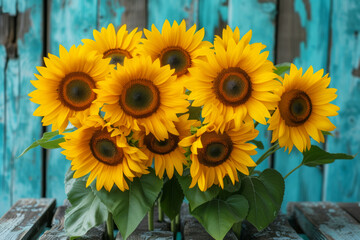 Sunflower Against Rustic Blue Wooden Background. A single bright sunflower stands out against a rustic blue wooden backdrop, evoking a sense of rustic charm and the vibrancy of summer.