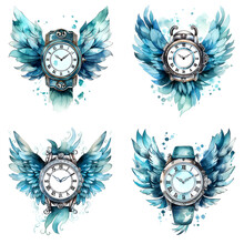 Set Of Watercolor Watch With Wings Isolated On White Background