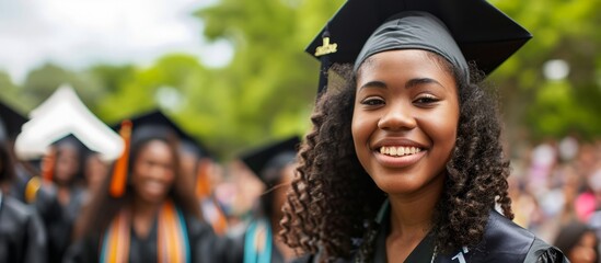 A scholar in a graduation cap and gown is joyfully smiling at the camera, showcasing her stylish hairstyle under the mortarboard hat