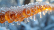 Closeup of melting icicles revealing layers of translucent and opaque textures.