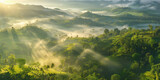 Fototapeta Na ścianę - Beautiful aerial View of hilly landscape in morning mist with sun rays