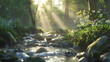 Morning sun shining through a lush forest onto a sparkling stream with smooth rocks and greenery.
