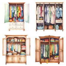 A Set Of Watercolor Illustration Wardrobes  With Clothes Hangers. Hand Drawn Cartoon Illustration.