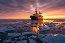 Icebreaker In Ocean. Northern Landscape