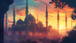Silhouette of the mosque at sunset. Ramadan background
