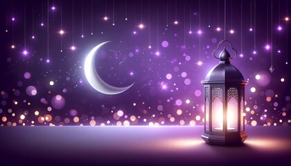 Poster - Magical purple background for ramadan with a traditional lantern and a crescent moon at night.