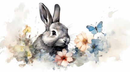 Wall Mural - A cute Easter bunny in a meadow among blooming flowers and with colored eggs, a spring day during the Easter holidays.