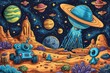 Cartoon cute doodles of a space rover exploring a distant planet, with adorable alien creatures and celestial landscapes, Generative AI