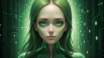 Wall Mural - green binary code matrix girl