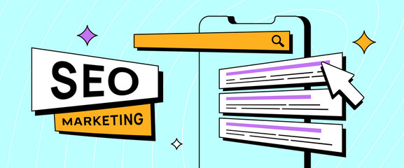 Fototapete - SEO Marketing digital strategy. Website seo ranking. Horizontal seo header with mobile phone, search bar and serp results. Neobrutalism design style vector illustration with icons on mint background