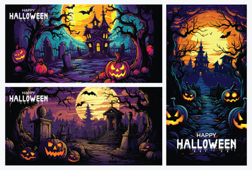 Wall Mural - Illustrations halloween with pumpkins and haunted house character	
