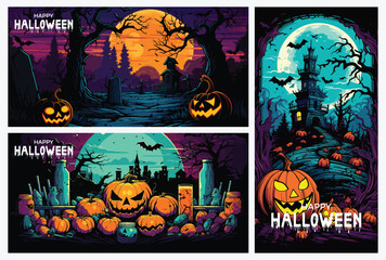 Wall Mural - Illustrations halloween with pumpkins and haunted house character	