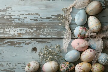 Decorated Easter Eggs on Vintage Wooden Surface