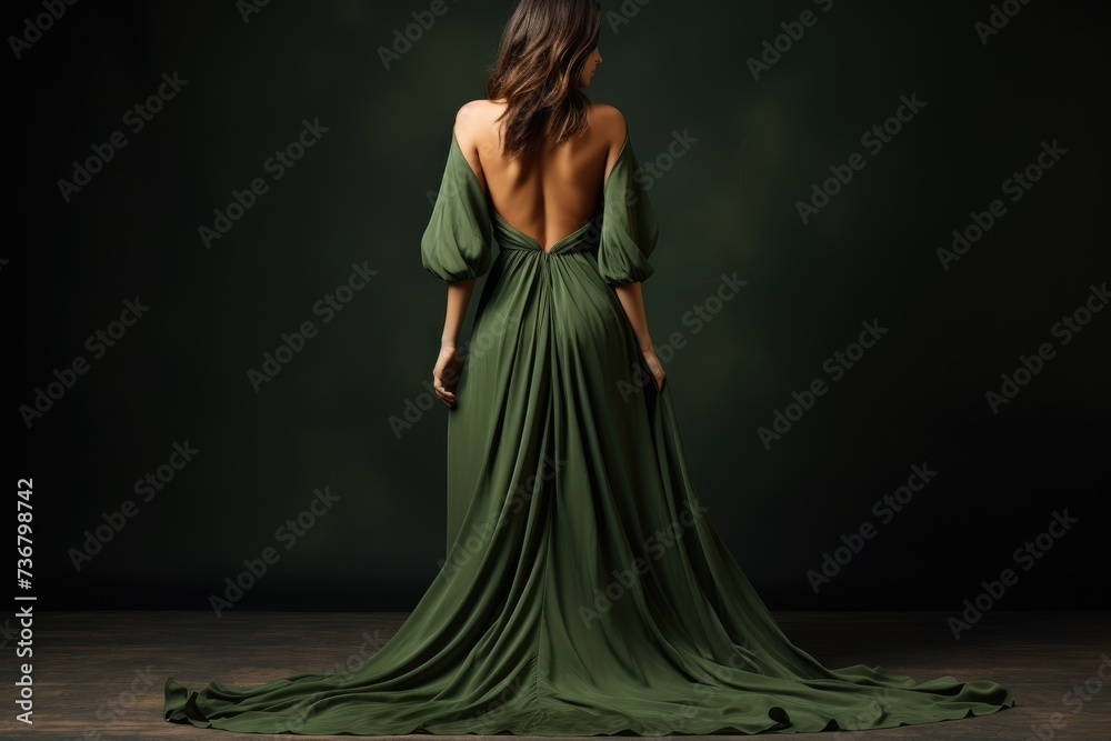 Beautiful woman in a long green dress on a dark background. a beautiful ...
