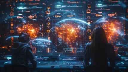 Poster - A team of analysts huddle around a holographic screen analyzing data and making predictions for upcoming market trends and potential financial opportunities.