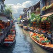 Traditional Floating Market Scenery with Bustling Canals and Colorful Produce