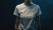 Blank white t-shirt on girl model, dark background, front view, space for text