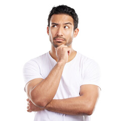 Aufkleber - Man, thinking and confused with doubt and questions, problem solving for solution isolated on png transparent background. Memory, thought and remember with ideas, choice or decision for clarity