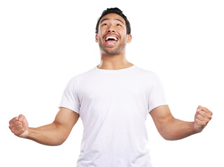 Wall Mural - Isolated man, excited and fist celebration, success and goals with shout by transparent png background. Asian person, model and winner with cheers, clothes and happy for giveaway prize in Indonesia