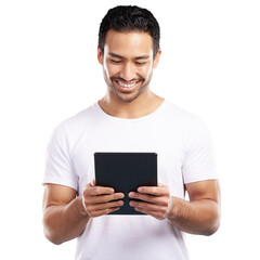 Aufkleber - Isolated man, tablet and texting with smile for web chat, contact or reading by transparent png background. Asian person, touchscreen and happy with blog, typing and app for social media in Indonesia