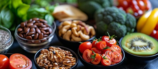 Sticker - a variety of fruits and vegetables in bowls on a table . High quality