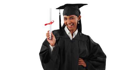 Wall Mural - Graduation goals, certificate or portrait of graduate with education, college or university success. Indian woman, happy or proud student excited by achievement isolated transparent png background