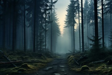 Wall Mural - A calm, misty forest during early morning hours