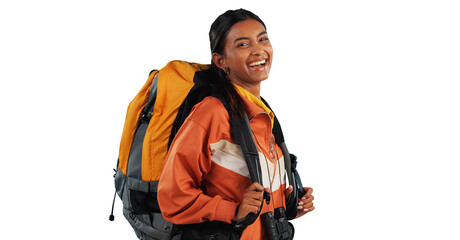 Canvas Print - Hiking, backpack and portrait of happy woman with travel adventure, explore or fun on isolated, transparent or png background. Journey, trekking or face of Indian person excited for camping in nature