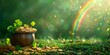 © Montipa - A pot of gold coins surrounded by green clover leaves with a rainbow in the background, depicting luck and St. Patrick's Day.