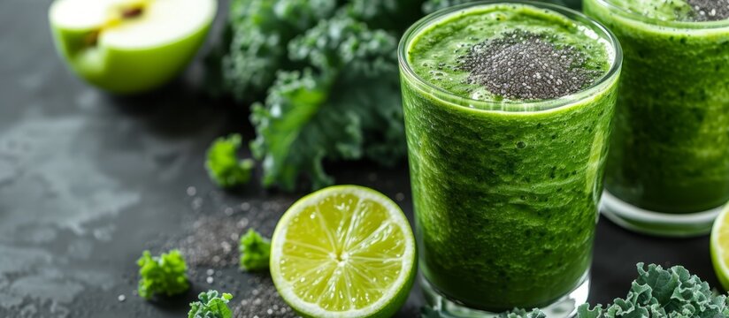 a close up of a green smoothie in a glass with a slice of lime . high quality