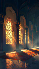 Canvas Print - Illustration of the Interior of a Mosque with Rays of Sunlight
