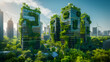 Vertical Garden City Skyscrapers and Renewable Energy. Urban skyline featuring skyscrapers with vertical gardens, integrating renewable energy solutions like wind turbines amidst lush cityscape. AI