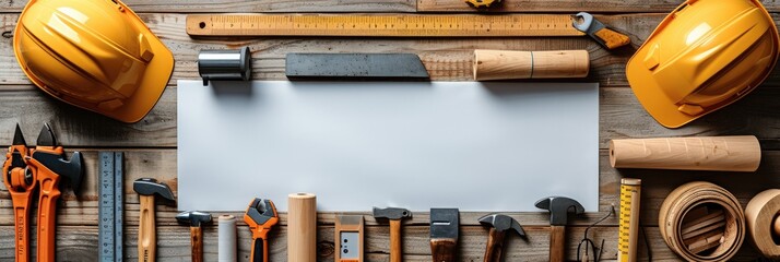 Wall Mural - Hat, hammer, saw, tape measure, ruler, rolled paper, wood for construction equipment white background backdrop, top view. Generative AI.